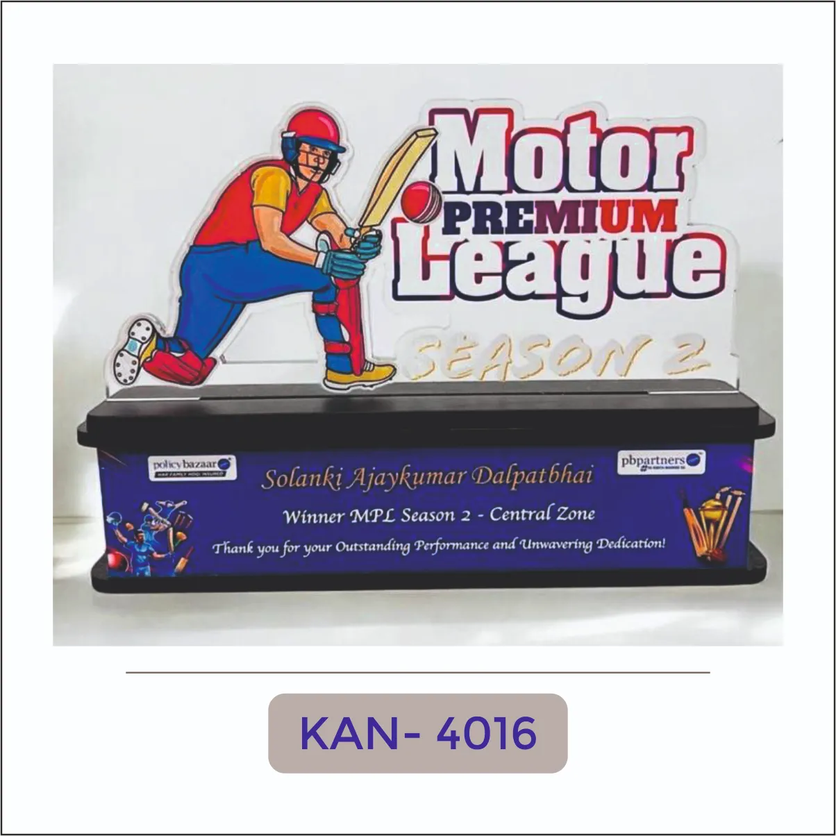 Printed Acrylic Cricket League Trophy - KAN-4016